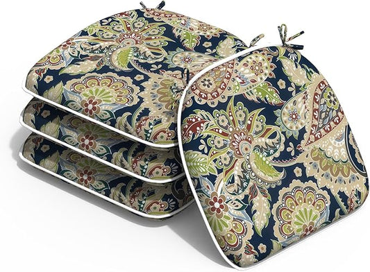 Outdoor 16"x17" Chair Pads Set of 4, Water Resistant Patio Chair Cushions with Ties, Seat Cushions for Home Garden Furniture Decoration, Paisley Sapphire Blue