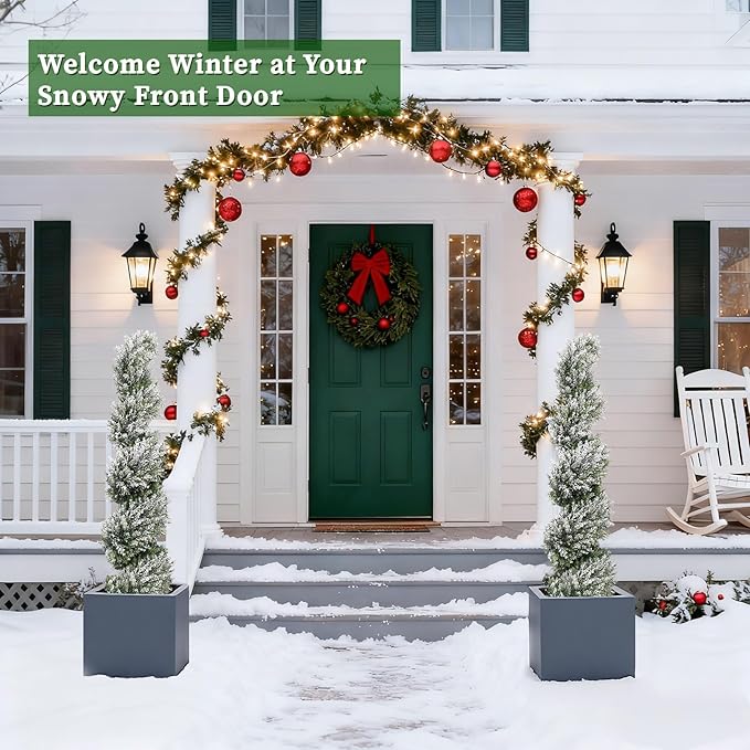 THE BLOOM TIMES 4ft Tall Spiral Artificial Topiary Trees Set of 2, 48 inch Large Faux Snow-Flocked Cedar Trees for Front Porch Planter Decor, Fake Plants for Indoor or Covered Outside Display 4 Foot