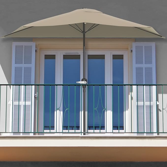 9-Ft Half Patio Umbrella Easy Crank Semicircle Balcony Shade with 20lb Weighted Base for Deck, Porch, or Against a Wall by Pure Garden (Sand)