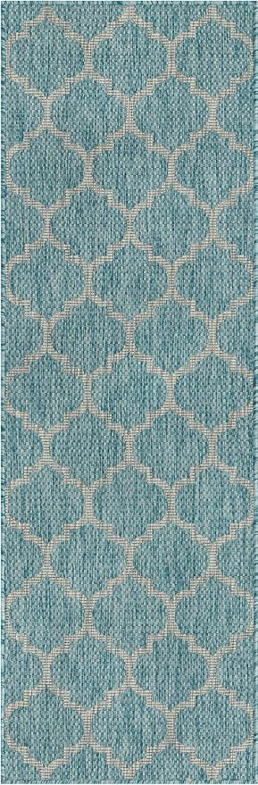 Unique Loom Outdoor Trellis Collection Area Rug (2' x 6' 1" Runner, Aquamarine/ Gray)
