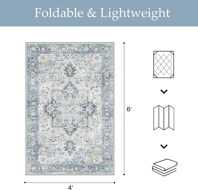 GENIMO Outdoor & Indoor Area Rug 4'x6', Waterproof, Non-Shedding, Easy Cleaning, Boho Mat for Patio, Living Room, Balcony, Dining Room, RV, Deck, Bedroom, Camping, Outside Carpet,Blue