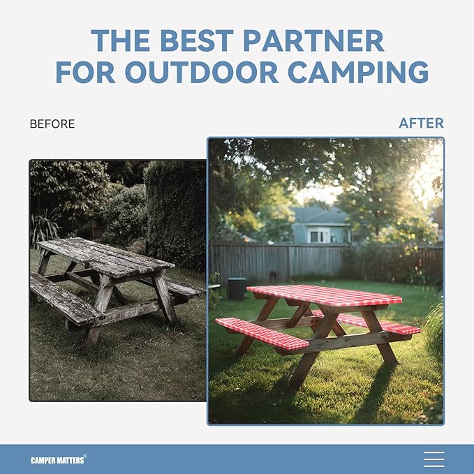 Picnic Table Cover and Bench Covers, Fitted Tablecloth Cover with Elastic Edge, Water and Oil Proof, for Outdoor, Garden, Camping, 72x28 Inch, 3 Pieces Set, Red & White