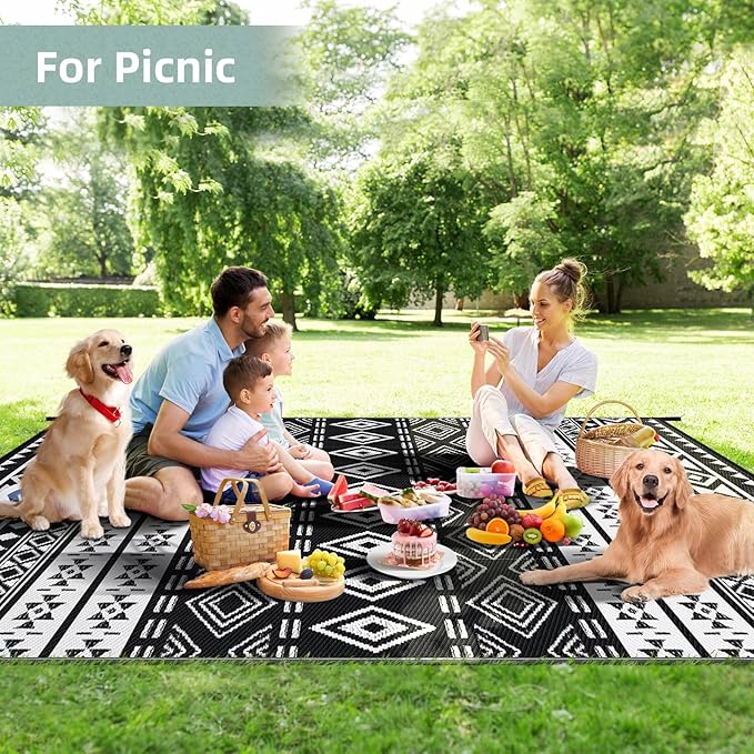GOTGELIF Outdoor Rug 9x12FT Boho Style, Reversible & Water-Resistance & Portable Plastic Straw Rug for RV Trips, Picnic, Camping, Outdoor, Garden, Patio - White and Black Patio Rug