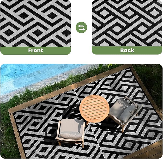 6x9 Outdoor Patio Rug with Carry Bag, Waterproof Outdoor Plastic Straw Rug RV Camping Rug, Reversible Picnic Mat Outside Carpet for Backyard, Porch, Balcony, Deck, Black & Light Grey