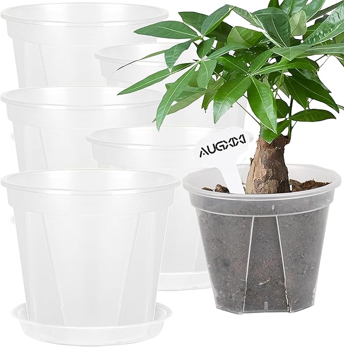 5 Sets 8 Inch Transparent Plastic Garden Pots Planter with Saucer Plant Planter Drainage Hole Plastic Pots for Plants Indoor and Out Door House Plants with 10pcs Plant Labels