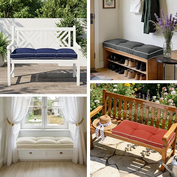 Favoyard Indoor/Outdoor Bench Cushion 36 x 14 Inch Waterproof & 3-Year Fade-Resistant Patio Furniture Cushions for Garden Porch Swing Chair Tufted Pad for Sofa Couch Seat with Ties, Blue