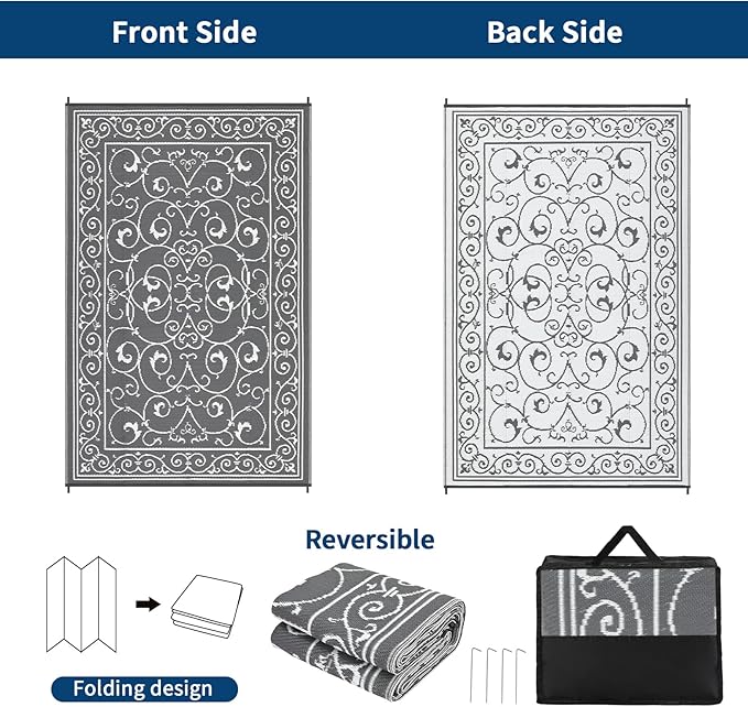 MilleLoomi Outdoor Rug 8x10 Waterproof Patio Rugs Vintage Reversible Mat for Front Door Rv Foldable Plastic Straw Carpet for Travel Trailers, Deck, Picnic, Porch, Camper, Balcony, Beach，Grey