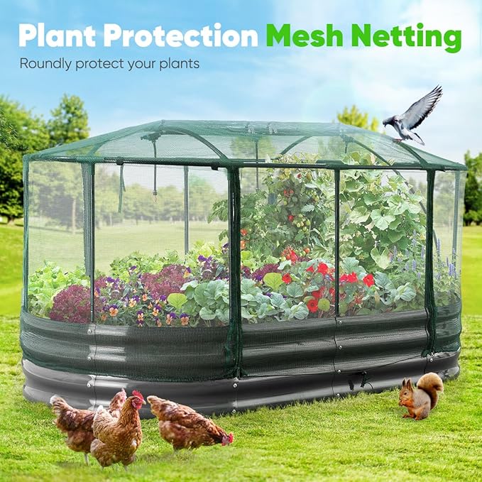 Quictent Galvanized Raised Garden Bed Kit with Self Watering System and Mesh Cover, Large Oval Metal Outdoor Planter Garden Boxes for Vegetables Herbs Flowers, 6x3x1Ft