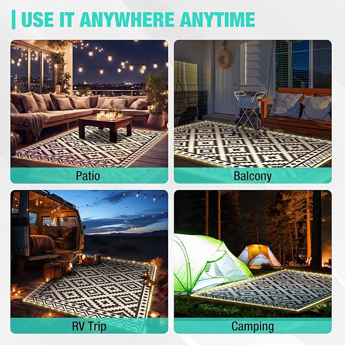 HAUSHOF 5'X8' Outdoor Rug Waterproof with LED Strip Light, Reversible Outdoor Plastic Straw Rug, Patio Rug with 4 Rug Stakes, Outdoor Carpet Mat for RV, Camping, Beach, Porch, Balcony, Black&White