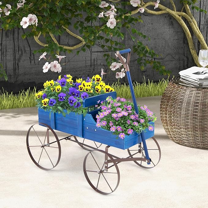 Wooden Wagon Planter, Decorative Garden Wheelbarrow Planter with 2 Planting Sections, Rolling Wheels, Adjustable Handle, Small Wagon Cart Planter Stand for Flowers Vegetables Herbs (Blue)