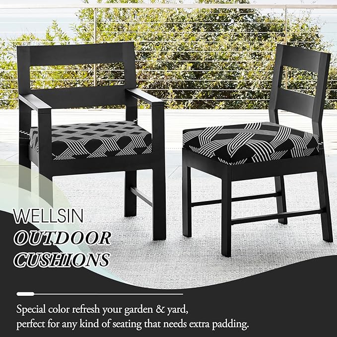 Wellsin Outdoor Chair Cushions for Patio Furniture - Outdoor Cushions for Chairs - Water Resistant Patio Chair Cushions Set of 4, 18.5"X16"X3", Black Geometry