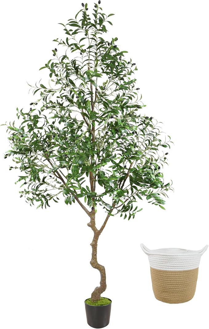 8ft Artificial Olive Tree, 96” Tall Fake Plant with Basket, Indoor Outdoor Faux Large Olive Silk Tree for Home Office Living Room Decor (2400 Leaves)