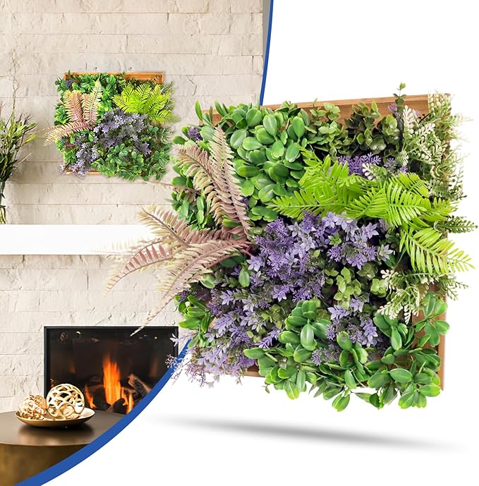 6 Pieces Hanging Wall Artificial Plants for Home Decor Faux 3D Greenery Plant in Wooden Frame 12 inches for Room Garden Patio Indoor Outdoor Decoration, Green with Purple