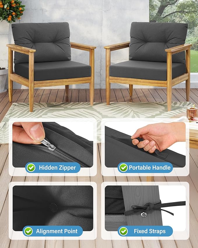 YEFU Olefin Outdoor Chair Cushions: Fade Resistant Outdoor Seat Cushion 24 x 24 - All Weather Patio Furniture Cushion with Ties - Deep Seat Patio Cushions for Chair Sofa Couch (Dark Gray)