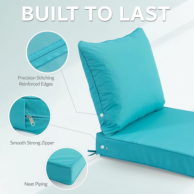 24x24 Inch Outdoor Chair Cushions Set of 2, Patio Furniture Cushions - Removable Cover, Water-Repellent, Fade-Resistant, Non-Slip Bottom & Straps, Replacement for Deep Seat Sofa & Couch - Teal