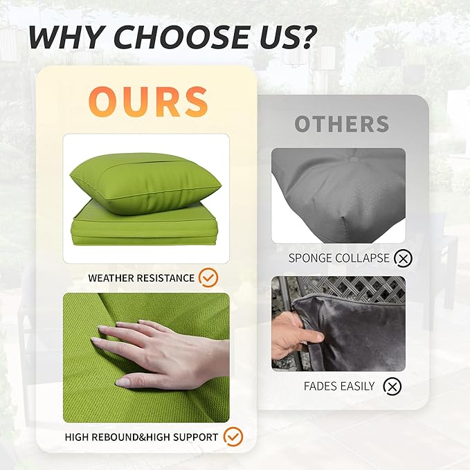 Amopatio Outdoor Chair Cushions 22.5"× 20.3" × 4", Set of 4 with Removable Cover, Waterproof & Fade Resistant seat Cushions for Patio Furniture, Grass Green