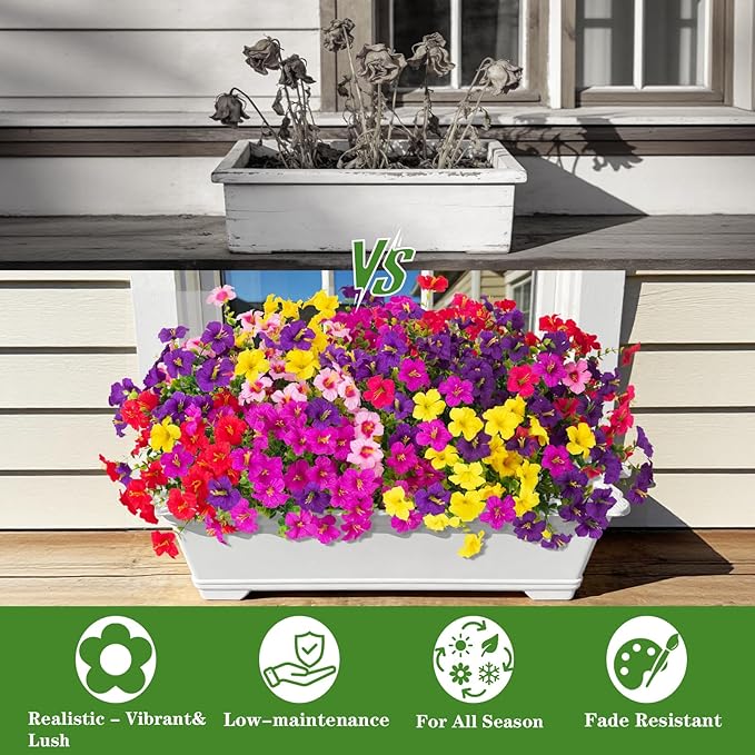 INQCMY Artificial Fake Petunias Flowers for Outdoors Spring Decoration, 12 Bundles Faux Plants UV Resistant Realistic Silk Flower for Outside Planters Patio Porch Yard Window Box (6 Mix Colors)