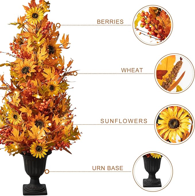 Glitzhome 2 Pcs 4FT Lighted Maple Tree with Timer, Artificial Fall Autumn Maple Leaf & Sunflower Urn Porch Tree with 20 Warm White LEDs for Autumn Fall Harvest Thanksgiving Christmas Decoration