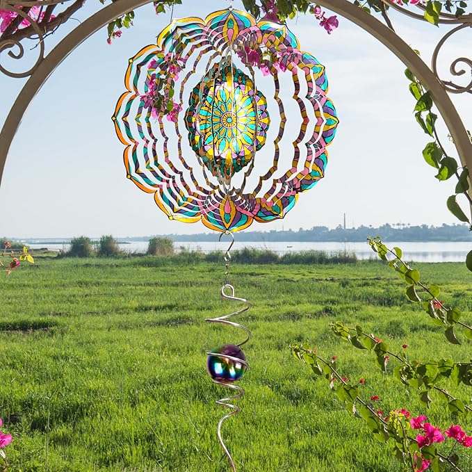 Mandala Wind Spinner - Purple Tulip Design | 12 Inch Stainless Steel Hanging Wind Sculpture & Catcher, 3D Kinetic Yard Art Garden Decor for Indoor & Outdoor | Meaningful Gift Idea