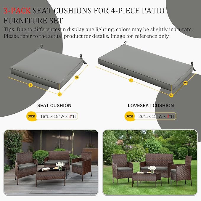 3 Pack Outdoor Replacement Cushions, Fit for 4-Seater Wicker Rattan Patio Conversation Set, 36x18x3,18x18x3, Liner & Cover