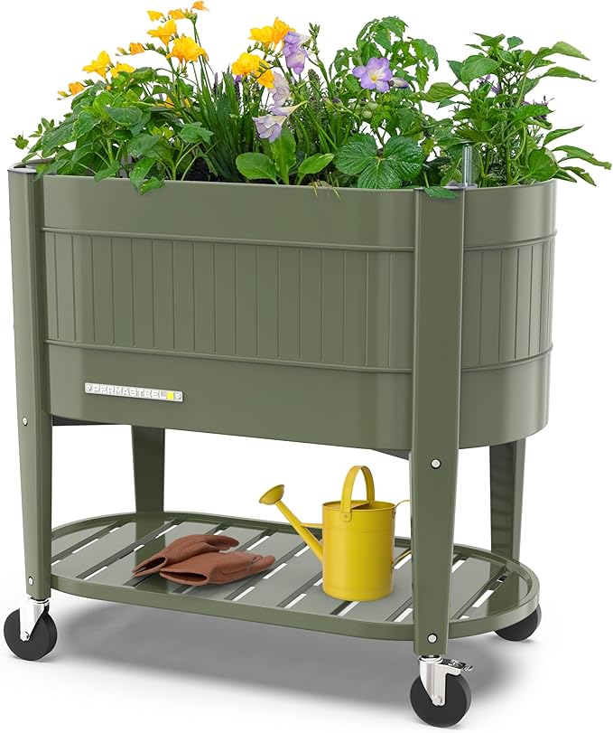 Permasteel Raised Garden Bed with Legs, Planter Box with EnGrow™ TrueSoil™ Technology for Vegetables, Flowers, Herbs, and Fruit, Outdoor Indoor, Storage Shelf, Caster Wheels, Green