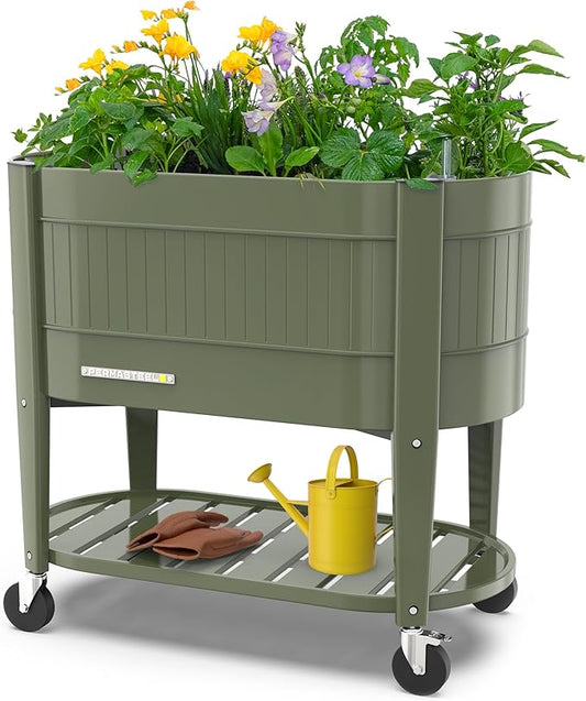 Permasteel Raised Garden Bed with Legs, Planter Box with EnGrow™ TrueSoil™ Technology for Vegetables, Flowers, Herbs, and Fruit, Outdoor Indoor, Storage Shelf, Caster Wheels, Green