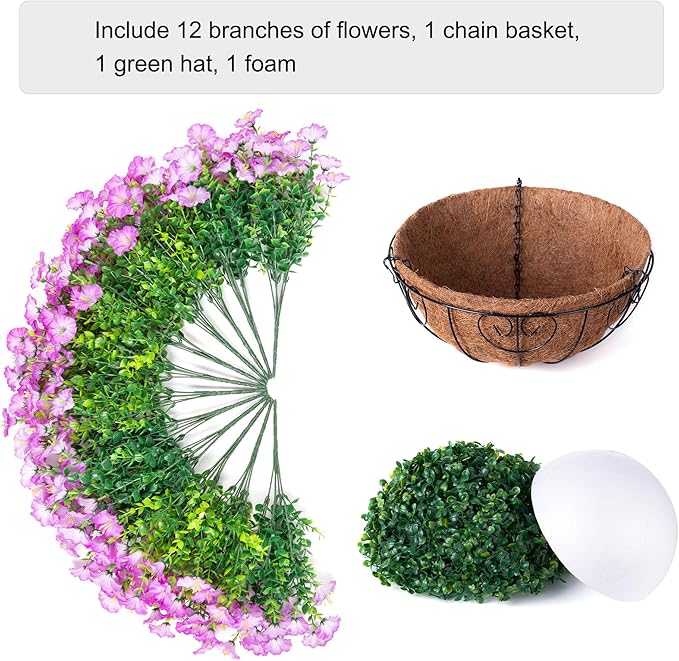 Artificial Faux Hanging Flowers Plants Basket for Outdoors Spring Decoration, UV Resistant Fake Silk Morning Glory in Planter Look Real Hanging Baskets for Outside Porch Patio Balcony Yard Home Decor