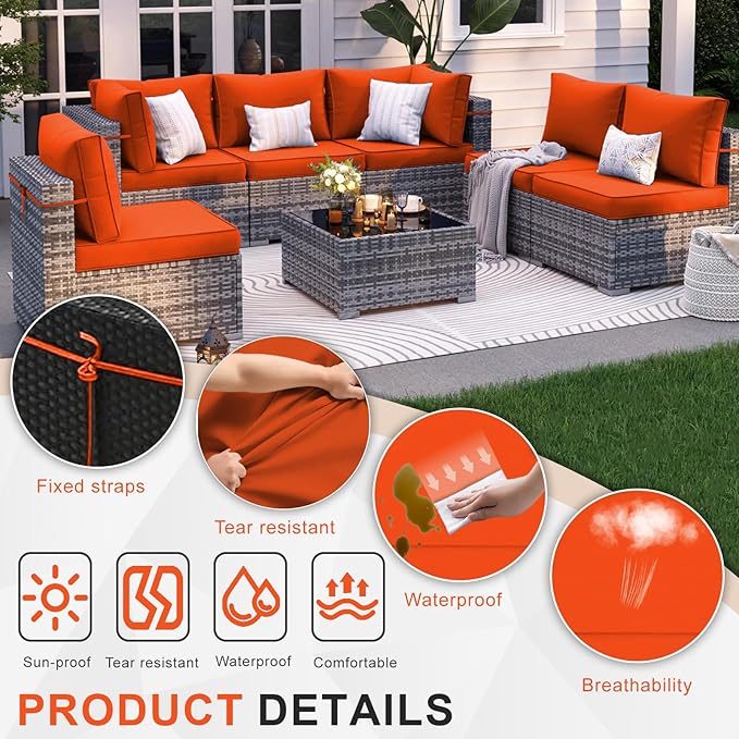 Patio Sectional Cushions, 14-Piece Replacement Cushions for Outdoor Furniture, Water-Resistant Outdoor Sofa Cushion for 6-Seat Rattan Wicker Sectional Conversation Sets (Orange)