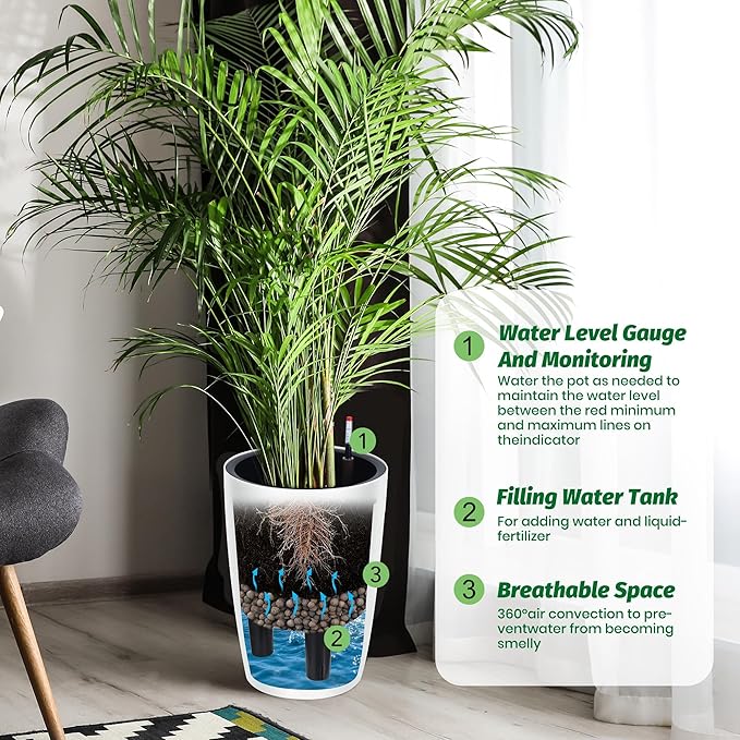 16" Tall Planter Set of 4, Self Watering Pots with Built-in Drainage and Water Level Gauge, Large Planter Pots for Garden, Patio, Balcony, Lounge, White