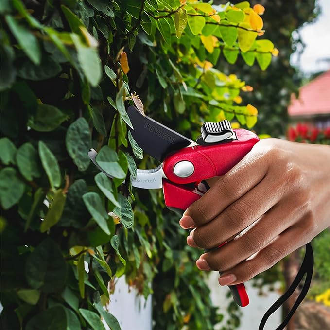 Nevlers 8" Red Bypass Pruning Shears for Gardening | Heavy Duty Garden Shears & Hand Pruners | Stainless Steel Plant Trimmer Blades w/ 8mm Cut Cap | Ergonomic Spring-Assisted Garden Clippers Handheld