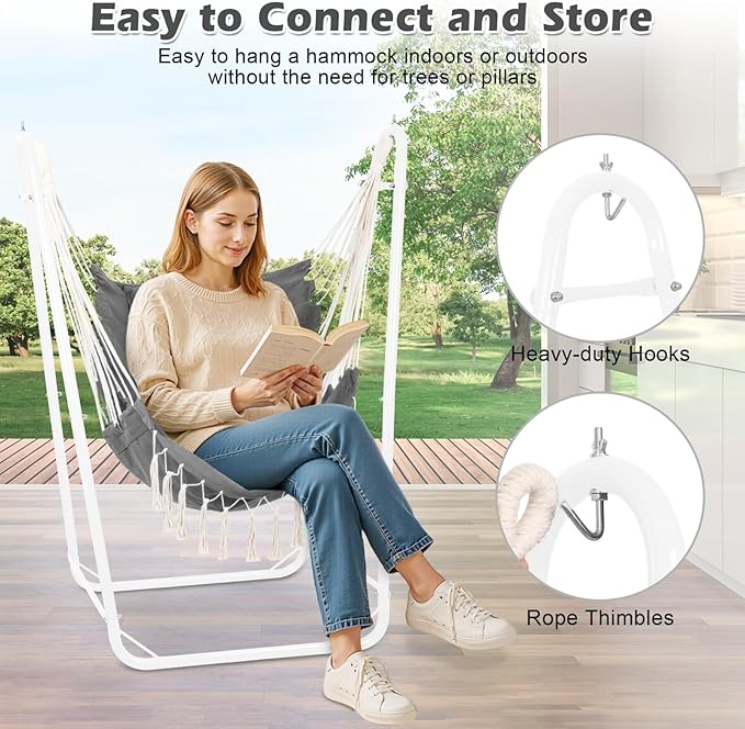 Hammock Chair with U Shape Stand, Cotton Swing Chair with Side Pocket, Heavy-Duty Metal Frame with Hanging Seat, Multi-Functional Swing Stand for Indoor and Outdoor Patio Yard Garden (WhiteGray)