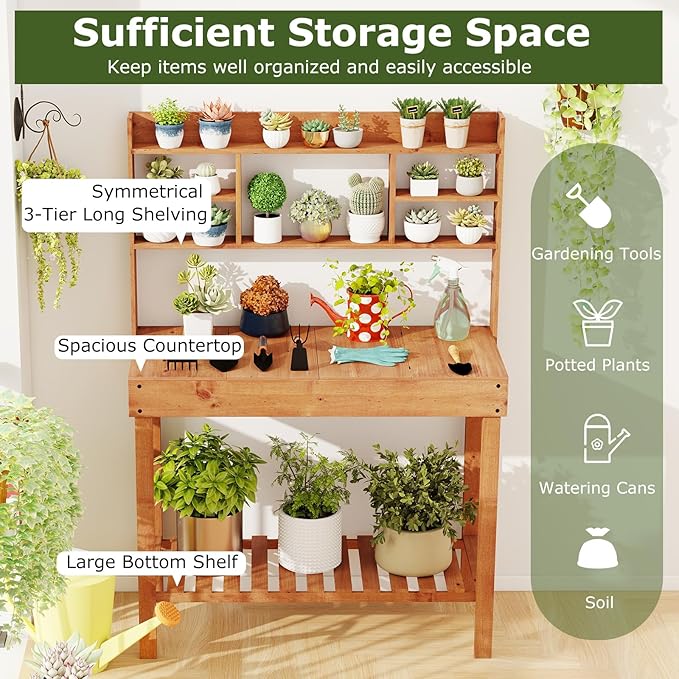 Giantex Potting Bench Table, Outside Solid Wood Gardening Table with Flip-up Tabletop, Storage Shelves, Indoor Outdoor Wooden Workstation for Patio Porch Balcony, Potted Plant Display Rack (Brown)