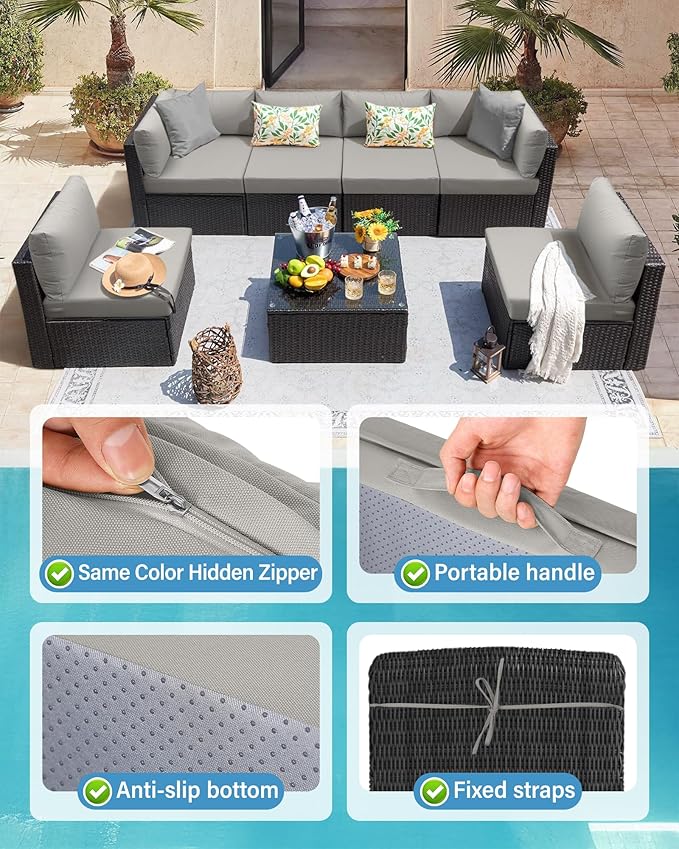 YEFU Outdoor Cushions for Patio Furniture: Replacement Cushions for Outdoor Furniture - Waterproof Couch Cushion - Fade-Resistant/Easy Clean - 14 Piece Sectional Cushion - Nonslip/Storage Bag/Grey