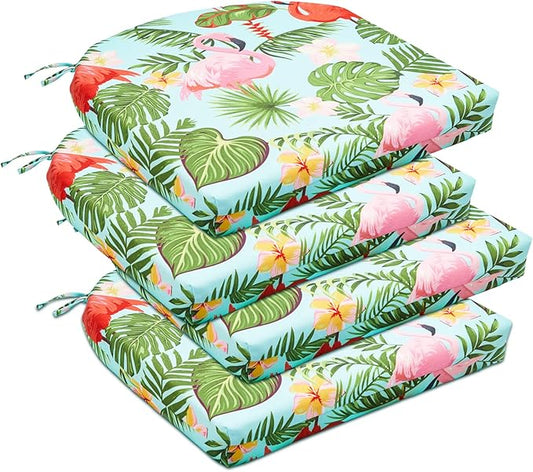 downluxe Outdoor Chair Cushions Set of 4 for Patio Furniture, Water-Resistant Patio Chair Cushions with Ties, High Density Foam Outdoor Seat Cushion, 17" X 16" X 2", Tropical Flamingo