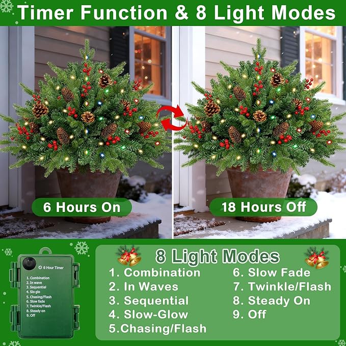2 Pack 24 Inch Christmas Urn Filler, Dual Color Change & Timer Christmas Tree with Pinecones Red Berries Tripod Stake Battery Operated 8 Mode for Porch Outdoor Xmas Trees Christmas Decorations
