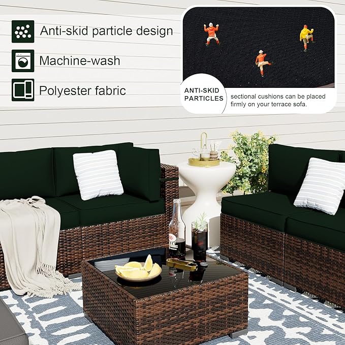 Patio Sectional Cushions, 14-Piece Replacement Cushions for Outdoor Furniture, Water-Resistant Outdoor Sofa Cushion for 6-Seat Rattan Wicker Sectional Conversation Sets (Dark Green)