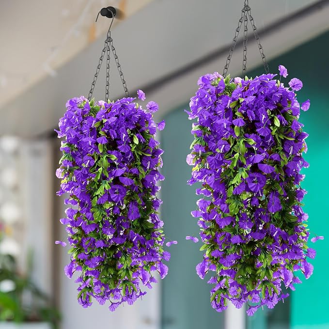 Hotop 2 Set Artificial Hanging Flower Basket and 6 Pcs Bougainvillea Silk Vine Flower for Outdoor Indoor UV Resistant Faux Hanging Plant Coconut Lining Planter Pot(Purple)