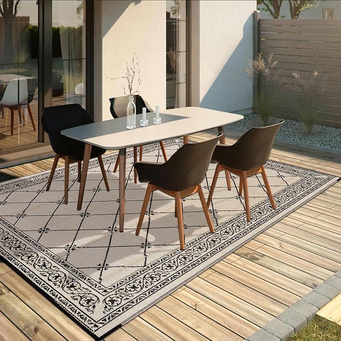 HiiARug Outdoor Rug 8'x10' for Patios Waterproof Patio Rugs Outdoor Mats for Front Porch,Beach Mat,Reversible Plastic Straw Camping Rugs for Outside RV,Deck,Balcony,Backyard，Black&Beige
