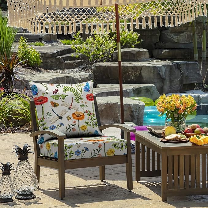 All Smiles Outdoor Chair Cushions for Patio Furniture Set of 19X19 Inch Deep Seat Waterproof Resistant Replacement Garden Flowers Farmhouse Decorative Cushions for Seat Yard Garden Deck