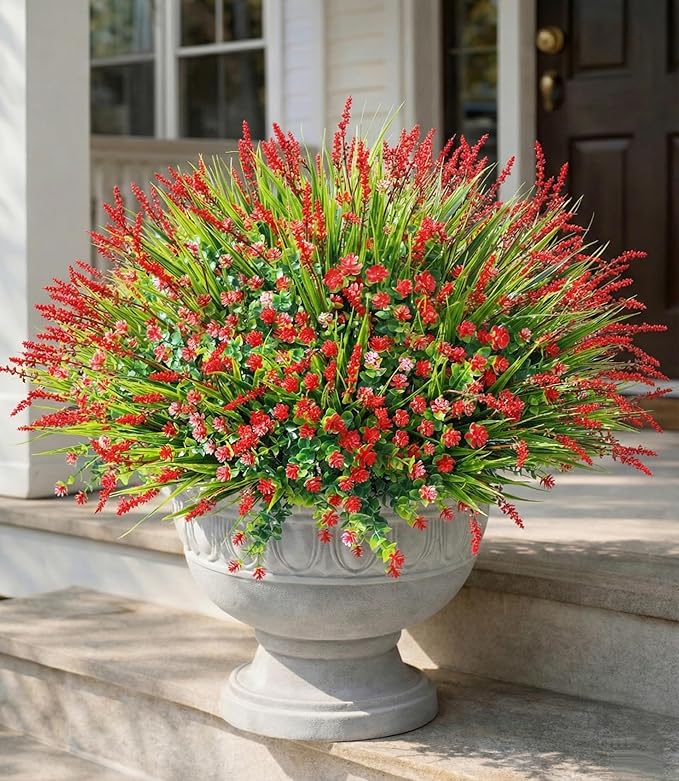 HyeFlora 20 Bundles Artificial Fake Outdoor Plants Flowers for Spring Decoration, UV Resistant Realistic Red Plastic Flowers Faux Plant Monkey Grass for Planter Home Garden Porch Patio Window Box