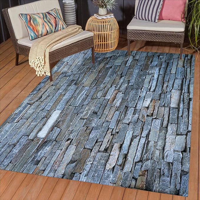 Vintage Rock Wall Stone Pattern Outdoor Area Rug 9x12 Gray Brown Stone Texture Waterproof Outdoor Rugs for Patio Courtyard Balcony Deck Garden Outside Carpet Thin Washable Stain Resistant Floor Mat