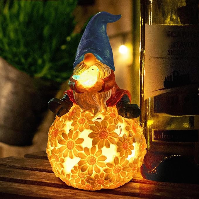 Solar Garden Gnome Outdoor Decoration Patio Porch Lawn Gnome Statue with LED Lights Christmas Gardening Birthday Ideal Gifts for Women Mom, Blue Gnome