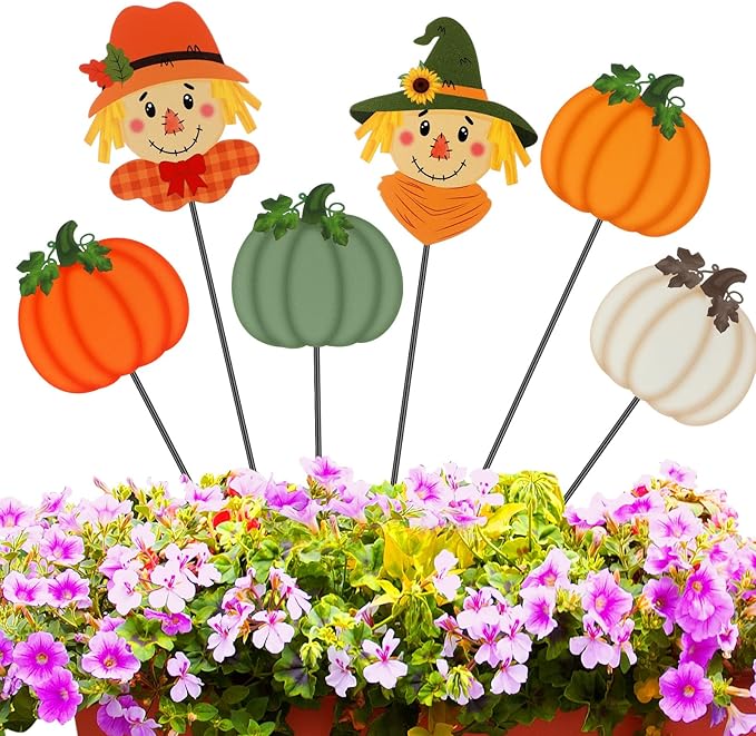 6 Pcs 12'' Thanksgiving Garden Stakes Pumpkin Scarecrow Maple Leaves Fall Metal Yard Sign Yard Stakes Outdoor Thanksgiving Decorations for Planter Lawn Patio Walkway Porch(Cute Style)