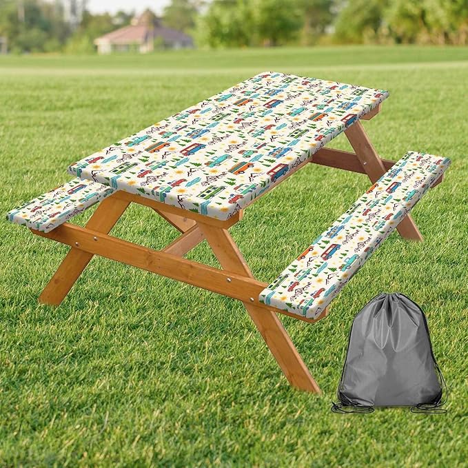 Picnic Table Cover with Bench Covers Reusable Table Cover for Camping with Elastic Outdoor Windproof Waterproof Fabric Rectangle Fitted Tablecloth and Seat Covers with Drawstring Bag, 96In 3PCS
