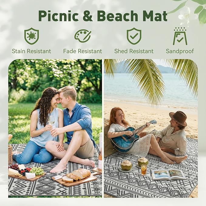 MontVoo Outdoor Rug Carpet Waterproof 9x12 Outdoor Patio Rug Mat Reverisble Plastic Straw Outdoor Rug for RV Camping Picnic Beach Balcony Boho Grey Large