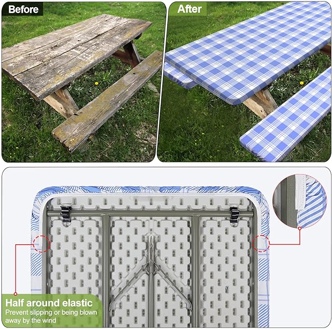 Picnic Table Cover with Bench Covers Camping Essentials Waterproof Windproof Camping Tablecloth with Drawstring Bag, Fitted Rectangle Tables and Seats, 96in, Light Blue Checkered