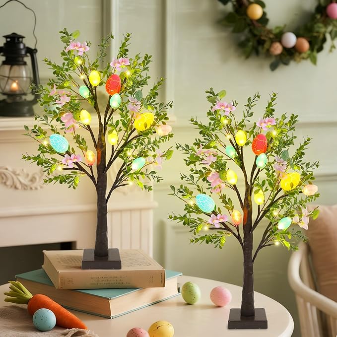 DR.DUDU Easter Decoration Set of 2 Lighted 24 Inch Artificial Tree with Easter Eggs & Colorful LED Lights, Light Up Tabletop Bonsai Tree for Table Home Holiday Spring Decor