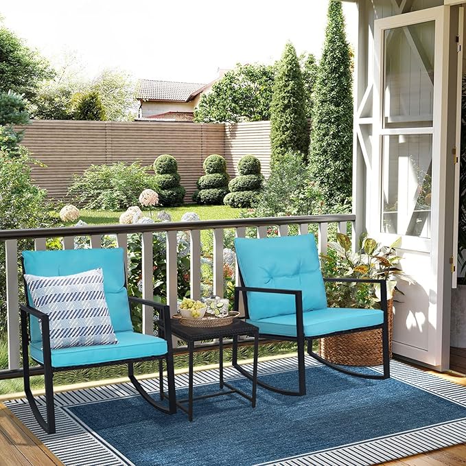 SUNCROWN 3 Piece Outdoor Rocking Bistro Set Black Wicker Furniture Porch Chairs Conversation Sets with Glass Coffee Table, Light Blue