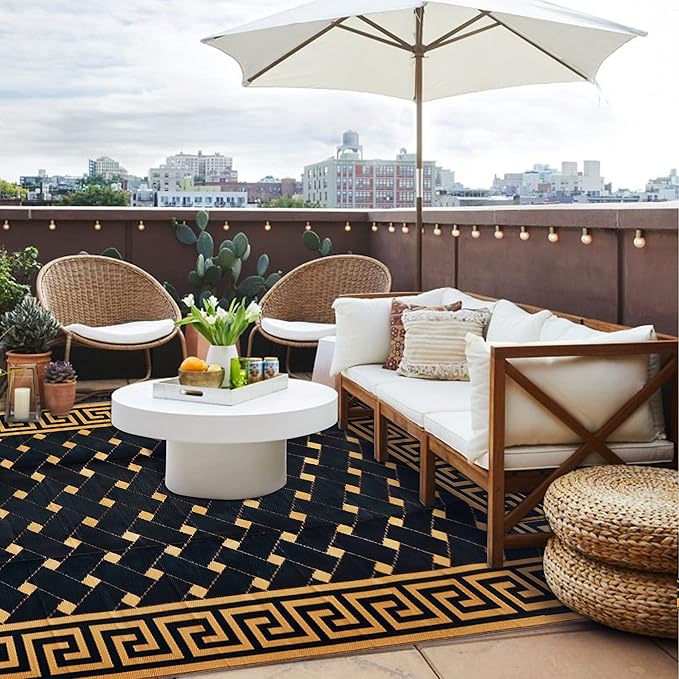 SAND MINE Reversible Mats, Plastic Straw Rug, Modern Area Rug, Large Floor Mat and Rug for Outdoors, RV, Patio, Backyard, Deck, Picnic, Beach, Trailer, Camping (9' x 18', Brown & Black)