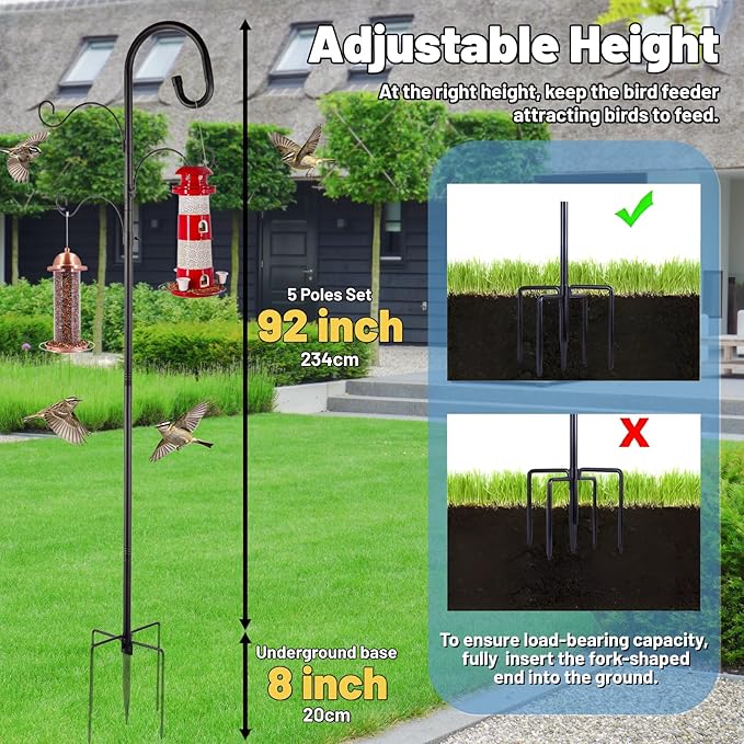 4-Hook Shepards Hooks for Outdoor,Adjustable 92 Inch Bird Feeder Pole with 5 Base Prongs,Garden Planter Stakes Suitable for Garden in Hanging Flower Basket,Lantern,Outdoor Décor